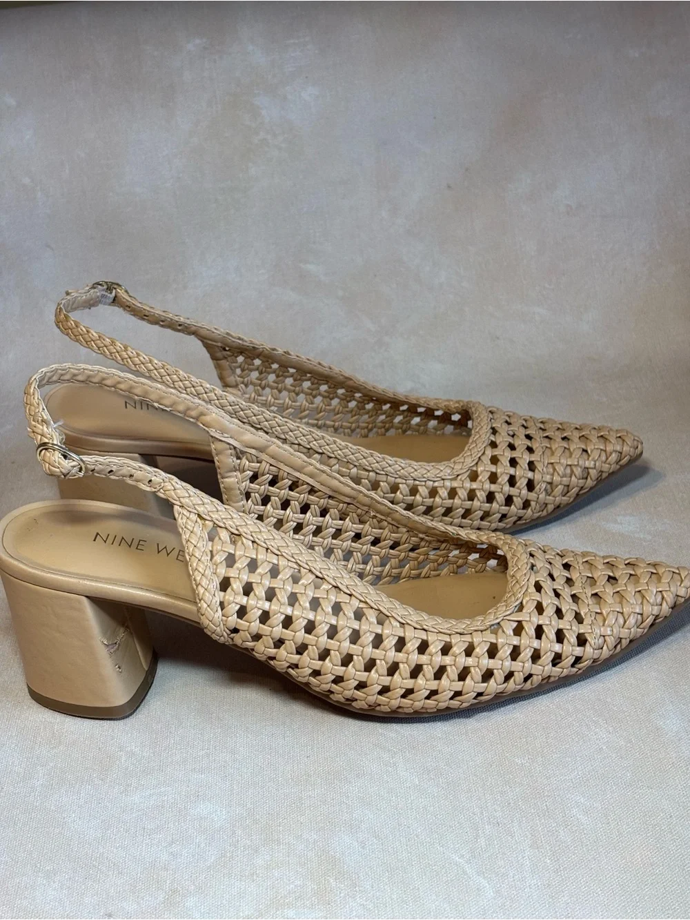Nine West Women's Tan Nude Bamboo Woven Slingback Pumps, size 9.5